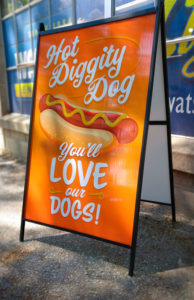 Full colour printed freestanding sidewalk sign Hot Diggity Dog